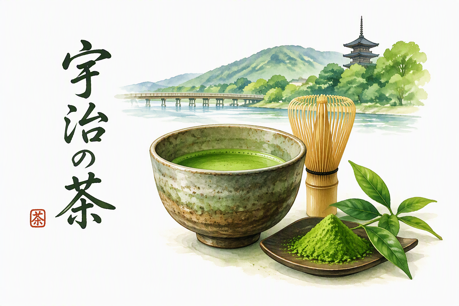Uji tea scenery with the Uji River bridge and pagoda, a ceramic matcha bowl, bamboo chasen whisk, and fresh matcha powder with tea leaves